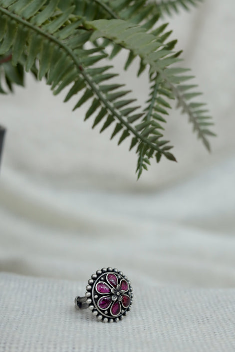 Amara Floral Ring with Red Stone