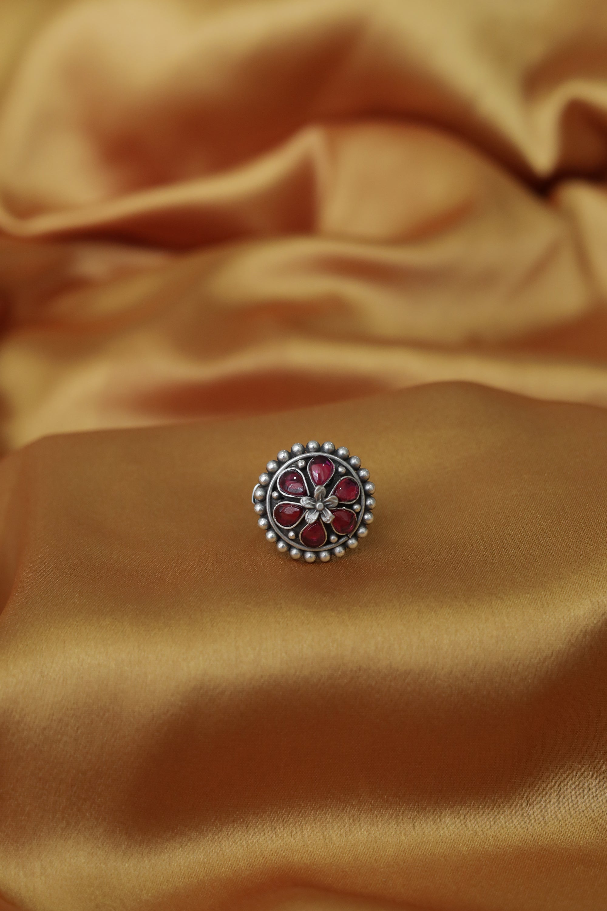 Amara Floral Ring with Red Stone