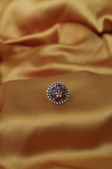 Amara Floral Ring with Red Stone