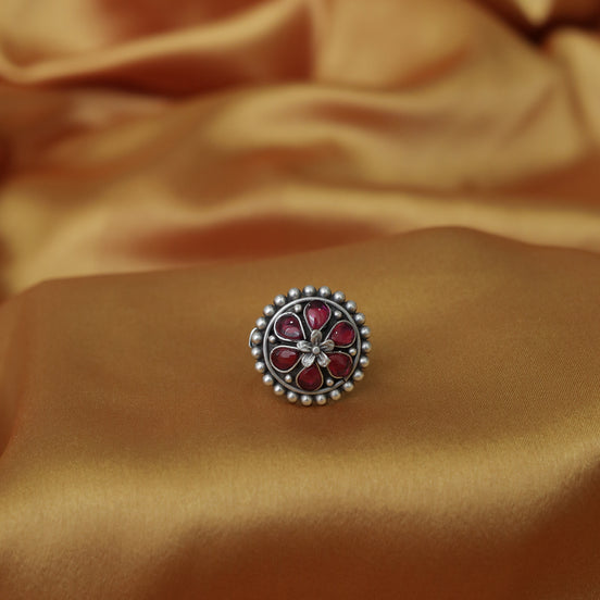 Amara Floral Ring with Red Stone