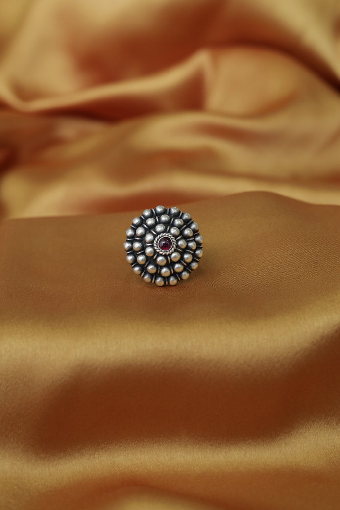Chandrika Spherical Ring with Red Stone