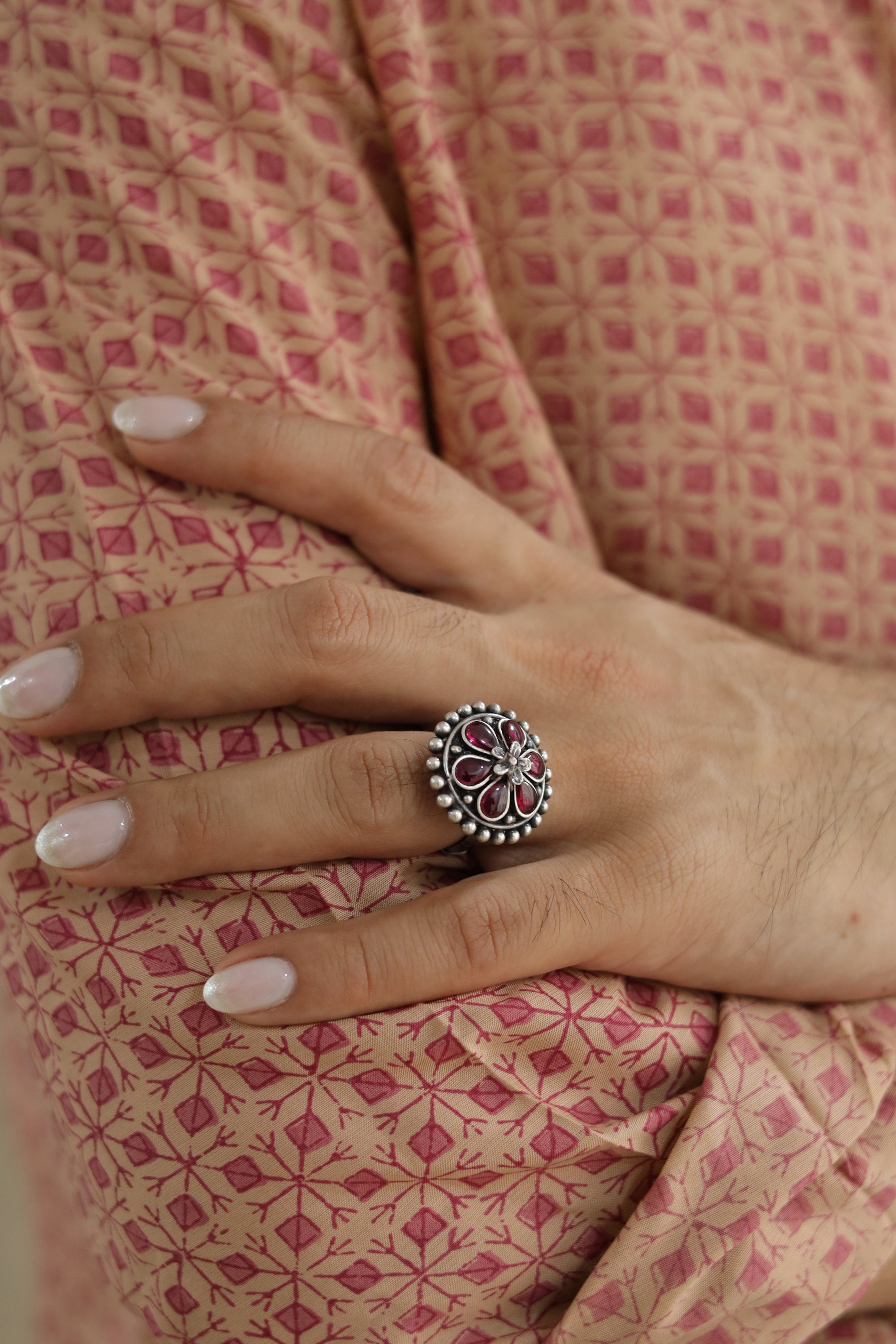 Amara Floral Ring with Red Stone