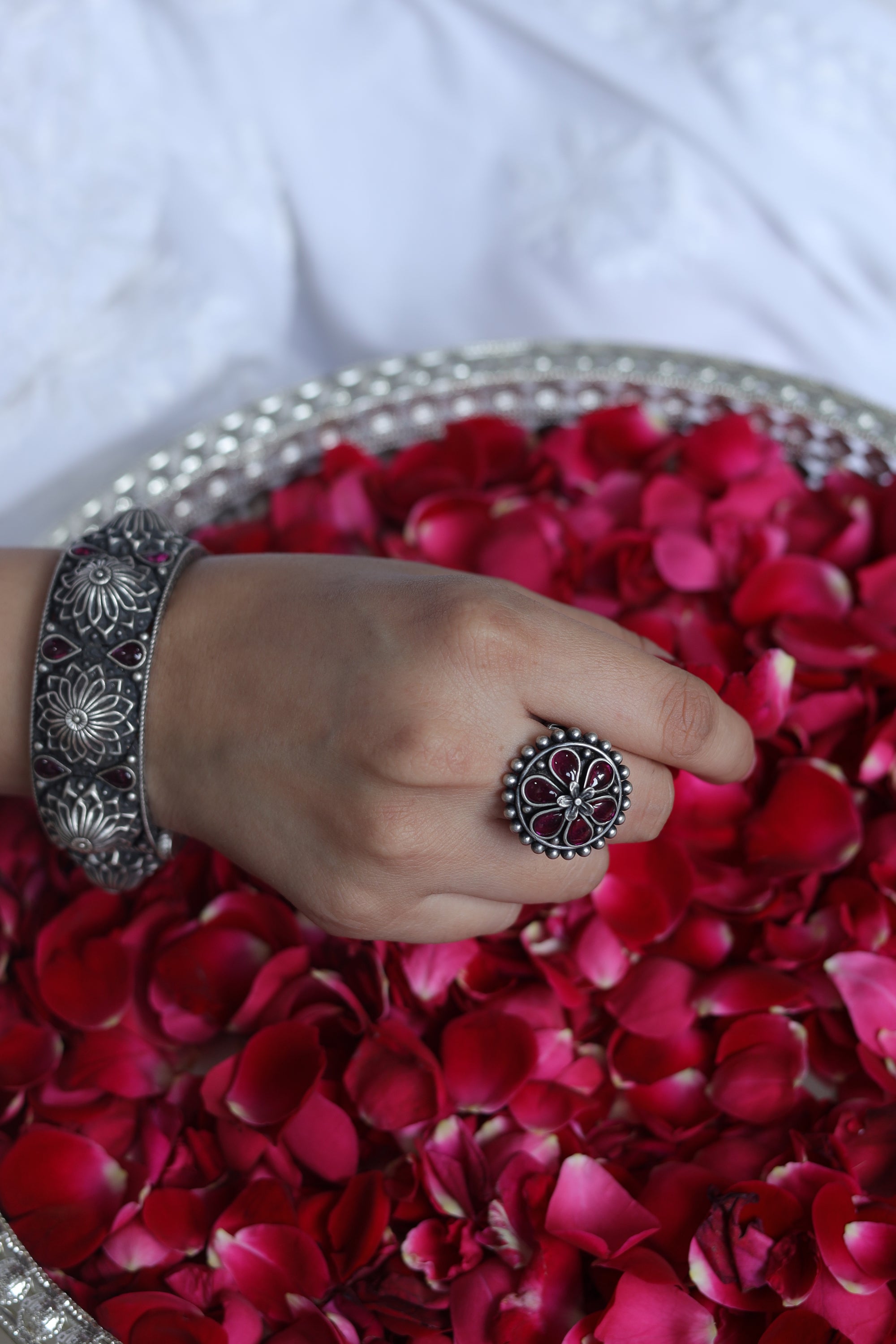 Amara Floral Ring with Red Stone