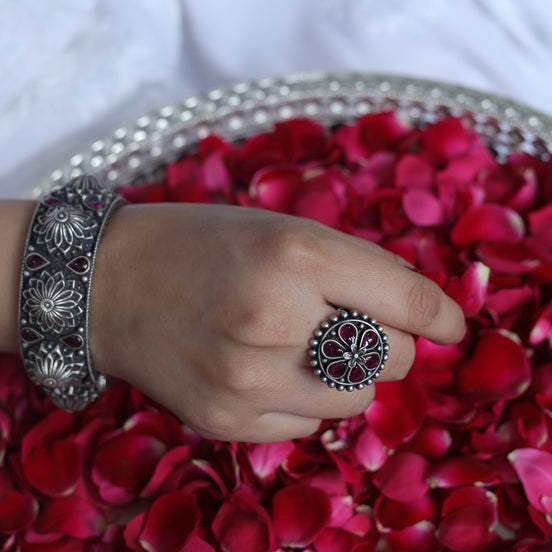 Amara Floral Ring with Red Stone