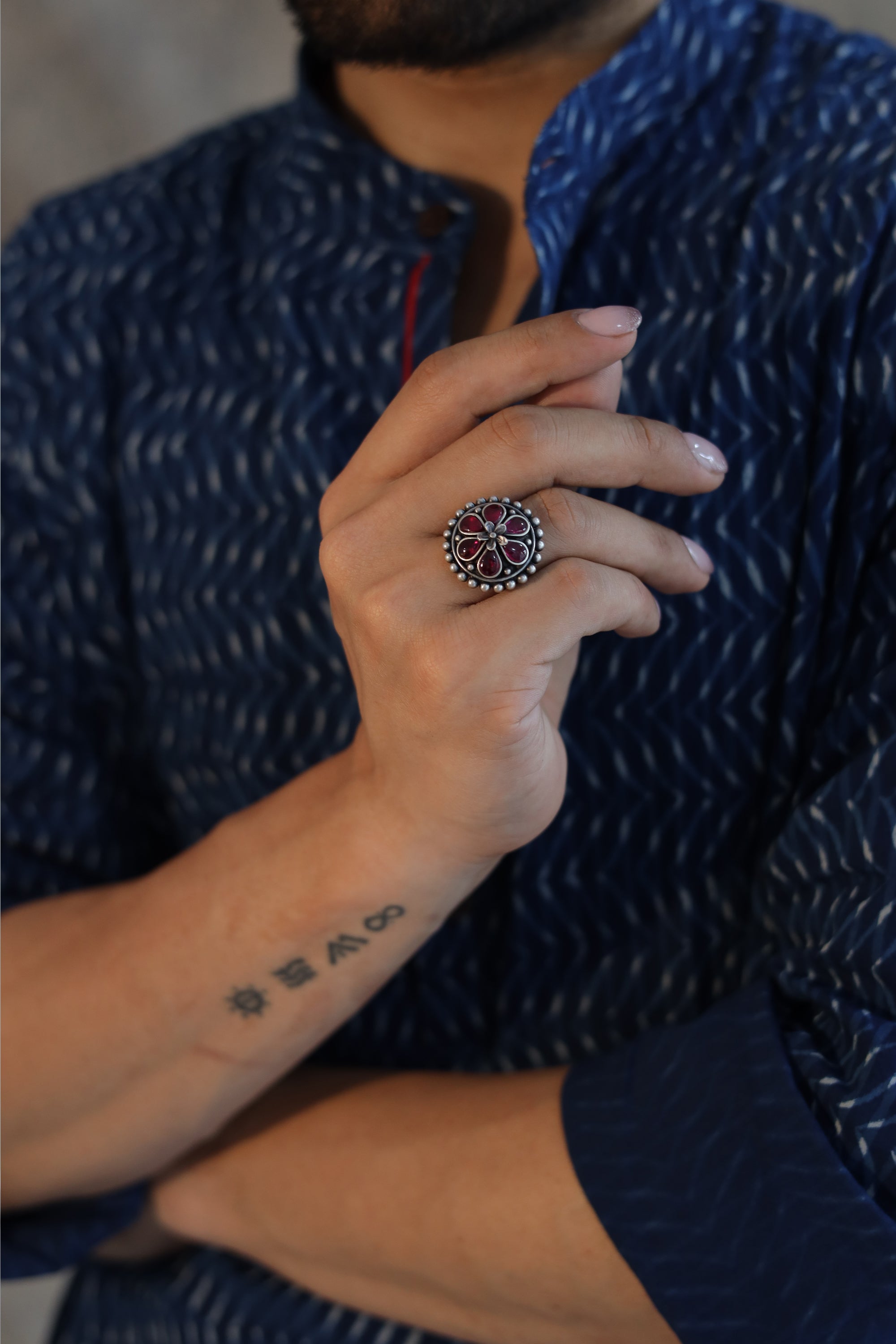Amara Floral Ring with Red Stone