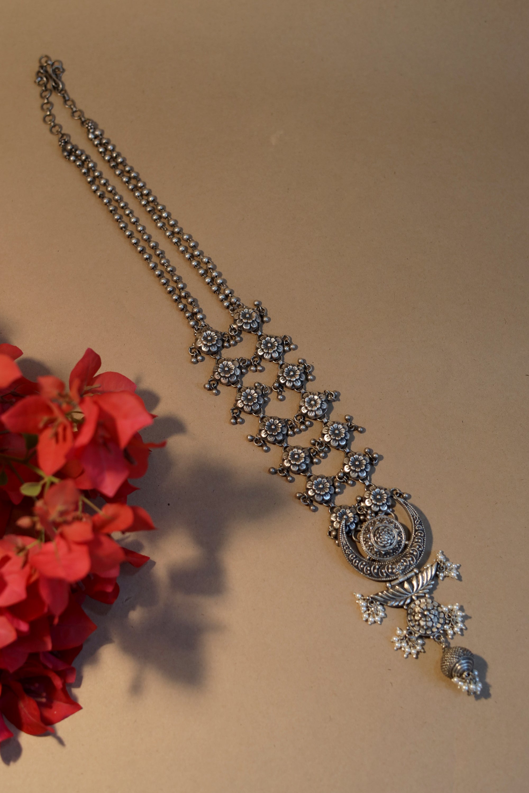 Taaraasya Signature Necklace with Embossed Flowers and Pearls