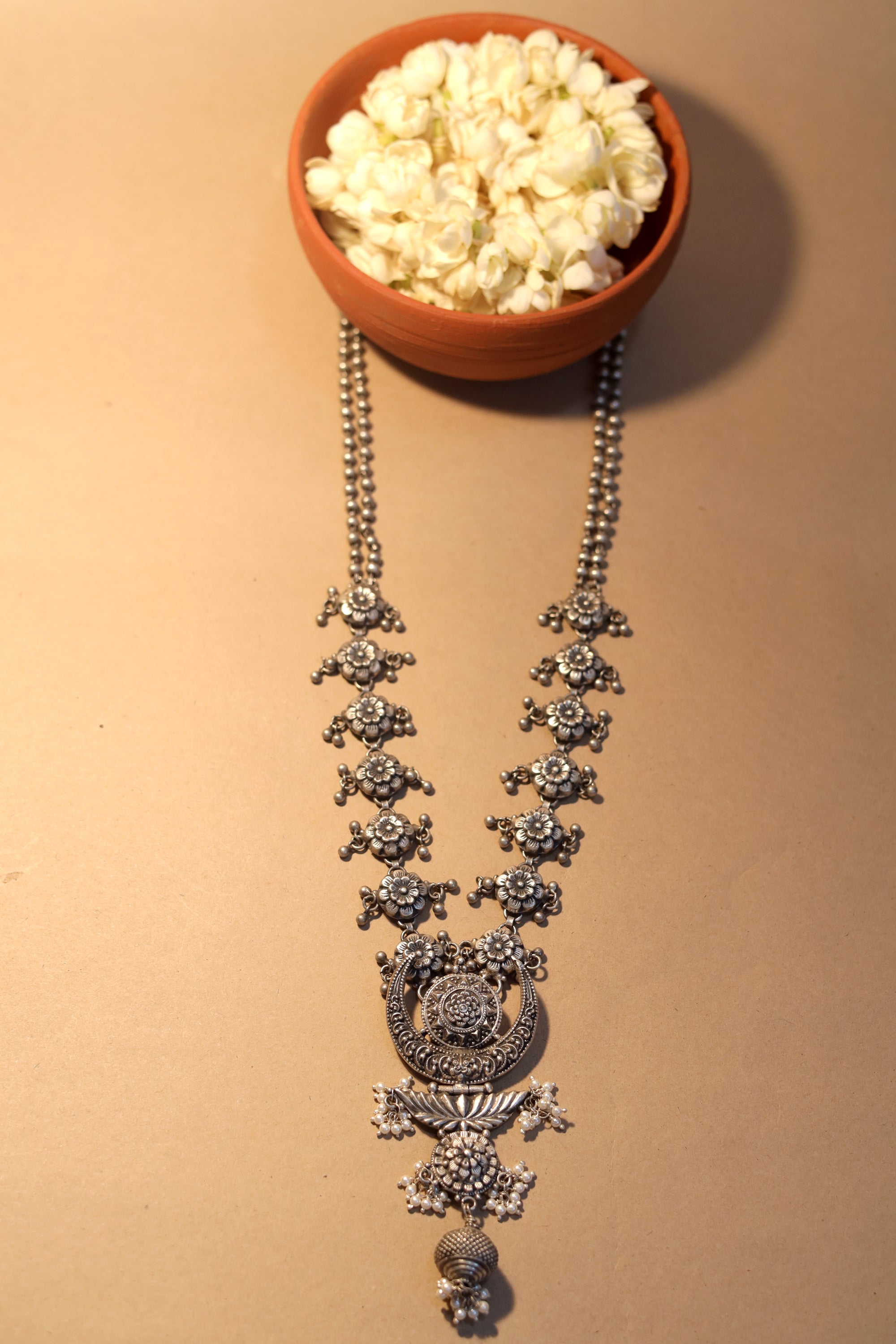 Taaraasya Signature Necklace with Embossed Flowers and Pearls
