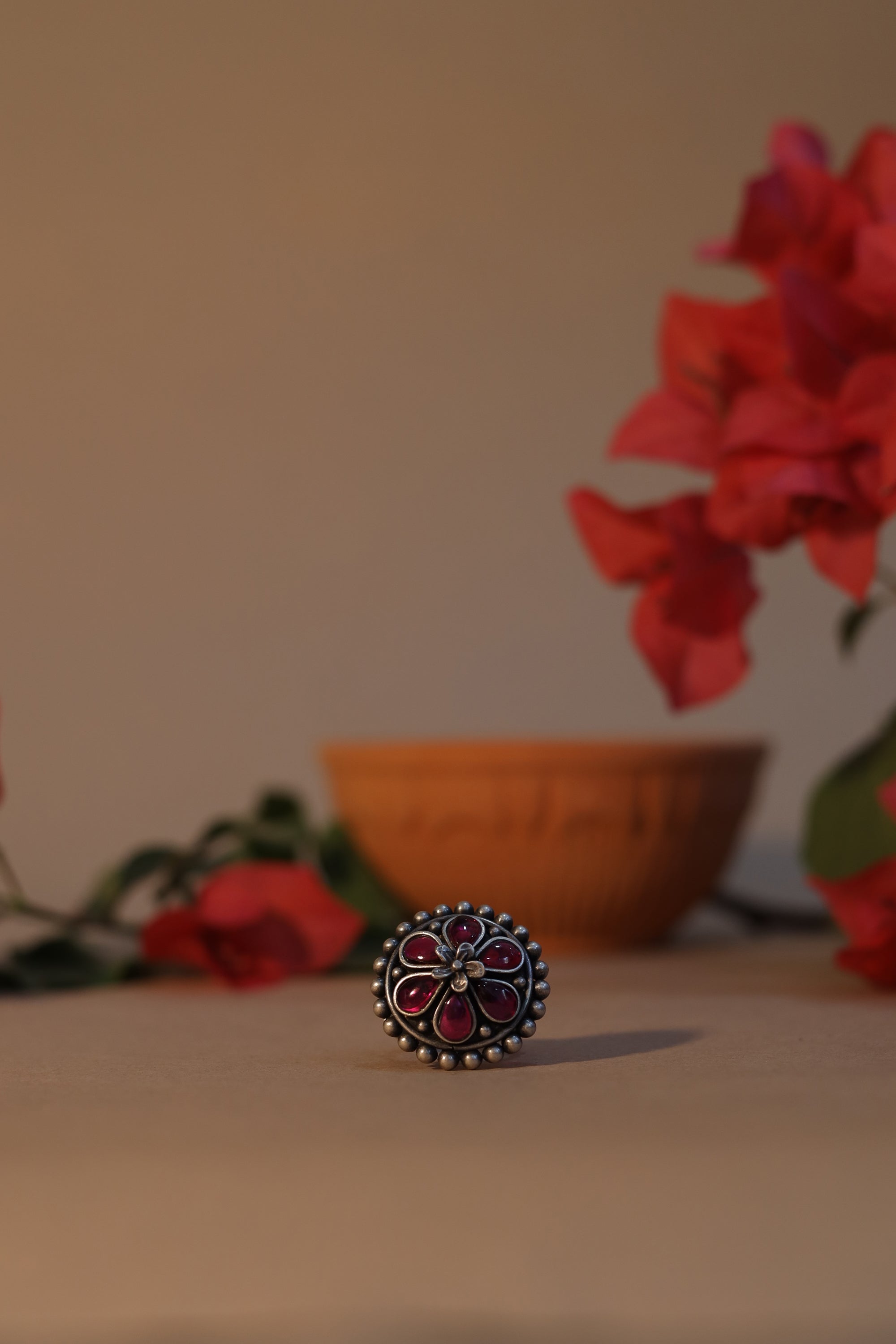 Amara Floral Ring with Red Stone